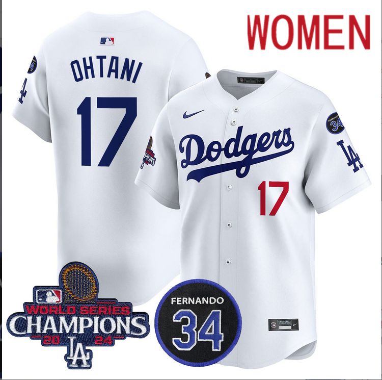 Women MLB Los Angeles Dodgers 17 Ohtani white 2024 World Series Champions Patch Limited Jersey